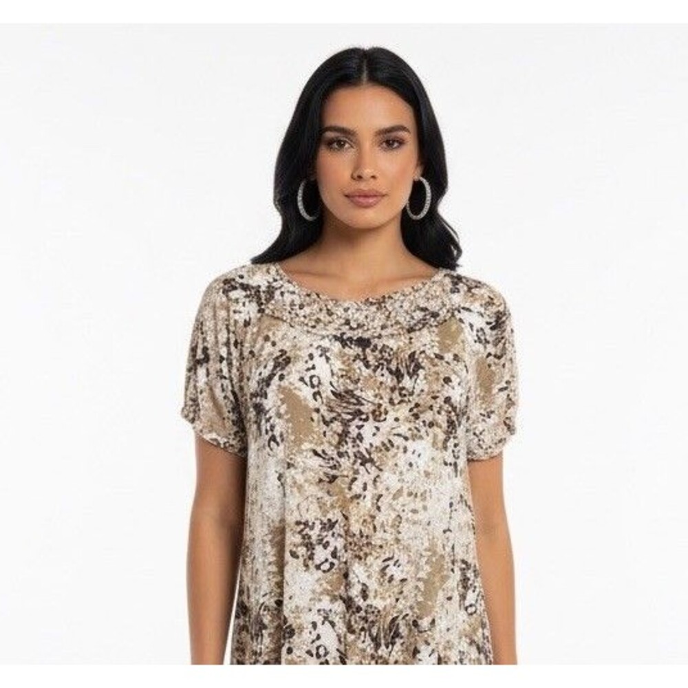 White Stag L 12-14 Neutral Print Blouse Short Sleeve Polyester Top